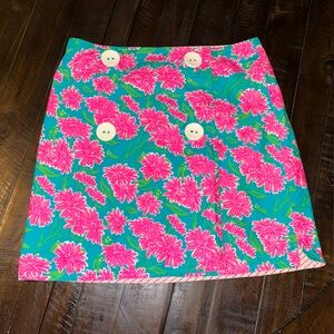 Lilly Pulitzer Mini Wrap Skirt Reversible Cotton Green Pink Floral Print Size 2